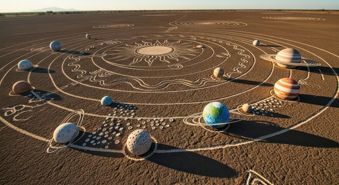 Surreal solar system installation in desert landscape showcases artistic exploration of astronomy