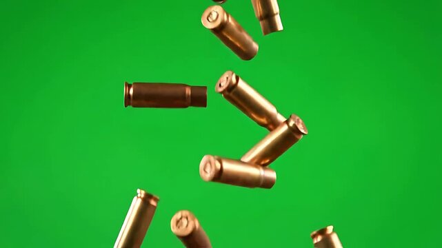 Falling Brass Bullet Casings Empty Shells on Green Screen Background