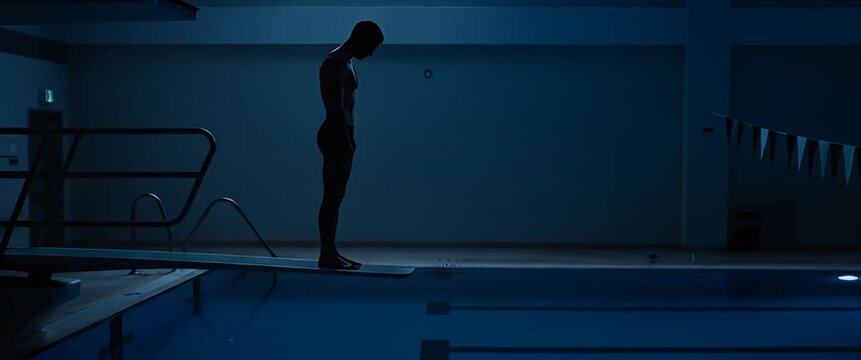 Silhouette of a Male Diver Standing on a Diving Board at Night Ready to Jump