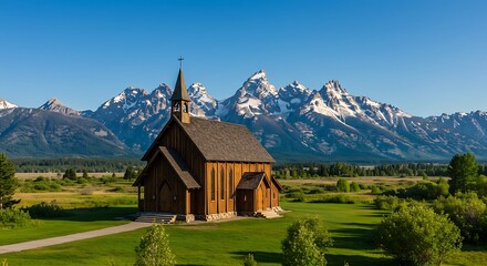 Scenic Chapel in Grand Teton National Park with Majestic Mountains.