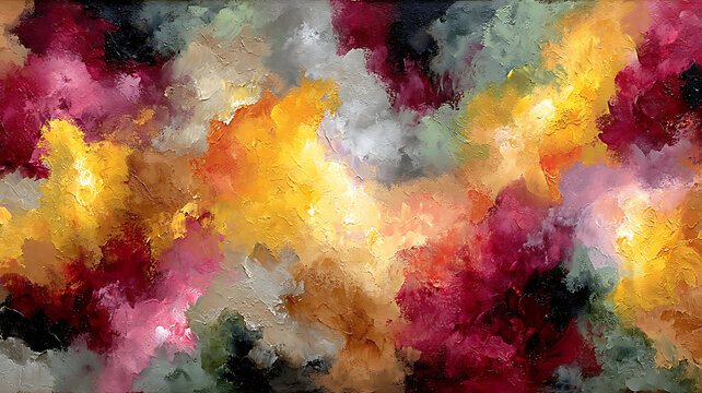 Vibrant impasto painting showcasing a textured canvas with yellows reds and pinks for bold artistic expression and contemporary design featuring a unique palette