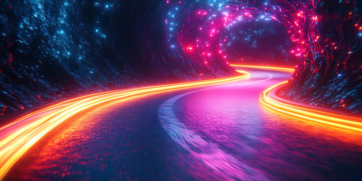 Vibrant neon light streaks illuminate a winding road through a futuristic rock tunnel emitting a surreal dreamlike glow representing fast transportation and cutting edge technology