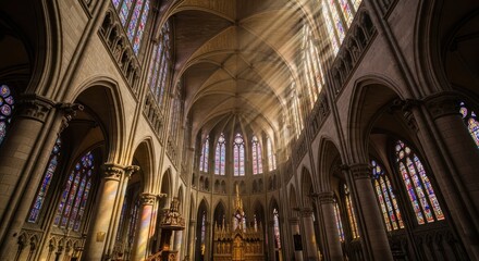 Cathedral interior with stained glass windows and divine light creating a spiritual atmosphere