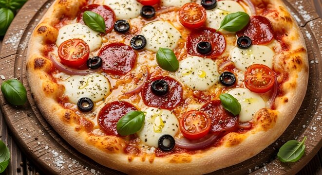 Freshly Baked Pepperoni Pizza Topped with Basil, Mushrooms, and Bell Peppers Jpeg Image. - Powered by Adobe