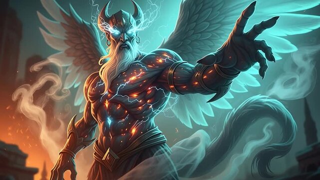 Powerful Winged Deity Summoning Energy in Dramatic Fantasy Setting Animated Loop.