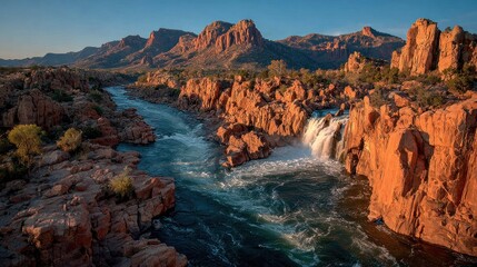 Stunning Waterfall Cascading Through Red Rock Canyon at Sunset