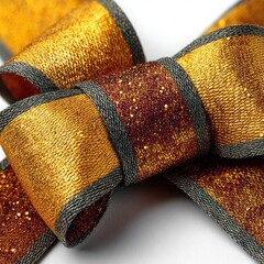 Close-up of a decorative bow with gold, glitter, and gray trim