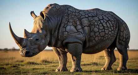 Fototapeta premium Majestic White Rhinoceros Standing Tall in African Savanna Landscape.