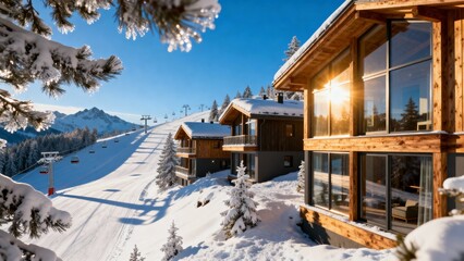 Aerial View of Modern Alpine Ski Chalets. Elegant Wood and Glass Architecture in Winter Mountain Landscape with Morning Sun and Snow-Covered Slopes.