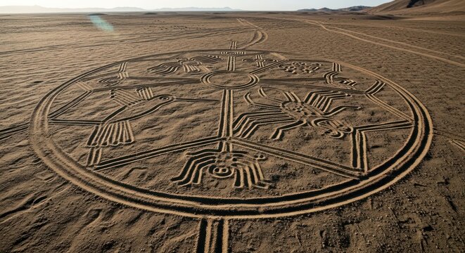 Mysterious geoglyphs in the arid peruvian desert landscape with intriguing designs