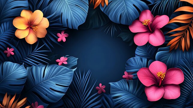 Vibrant tropical flora background with hibiscus flowers and lush blue foliage providing a central copy space - Powered by Adobe