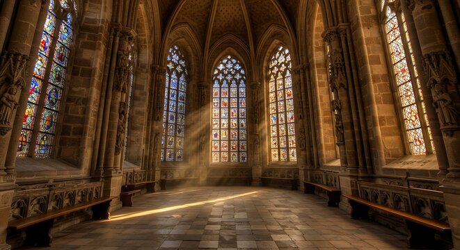 Sunlight streaming through stained glass windows in a grand gothic cathedral interior. - Powered by Adobe