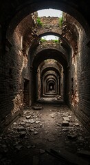Fototapeta premium Mysterious Decaying Arched Hallway in an Abandoned Ancient Fortress.