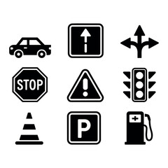 Set of nine black traffic and road safety icons on white background