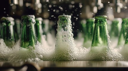Bottling process captures the bubbling action of fresh beer filling green glass bottles in a brewery