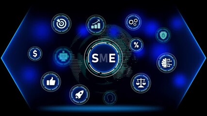 Small and Medium Enterprise SME concept with digital icons and global network on dark blue background - Powered by Adobe