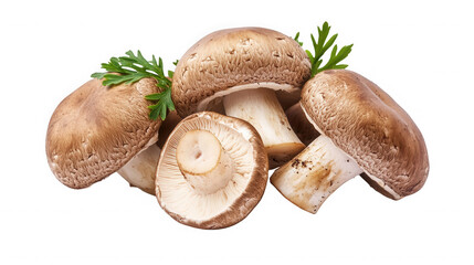 Heap of fresh brown cap mushrooms isolated on transparent background, close up view