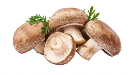 Heap of fresh brown cap mushrooms isolated on transparent background, close up view