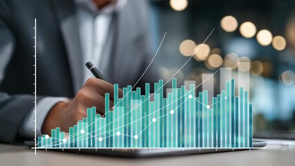 A finance expert engaging with digital stock market data, showcasing vibrant graphs and charts that illustrate market trends and financial growth. - Powered by Adobe