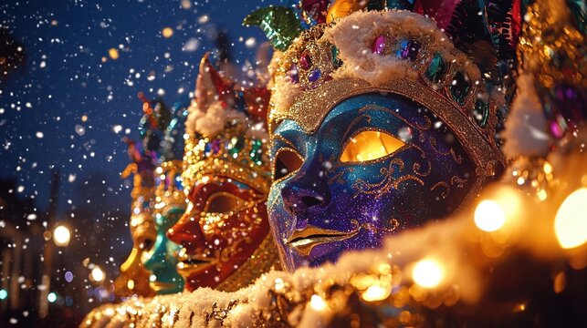 Colorful carnival masks shine during a winter festival at night under falling snow