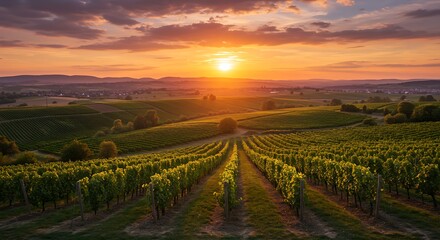 Fototapeta premium Vibrant Sunset over Lush Vineyard Rows in a Serene Rural Landscape.