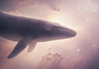 A majestic whale gracefully swims through a dreamy, star-filled sky, creating a surreal scene.