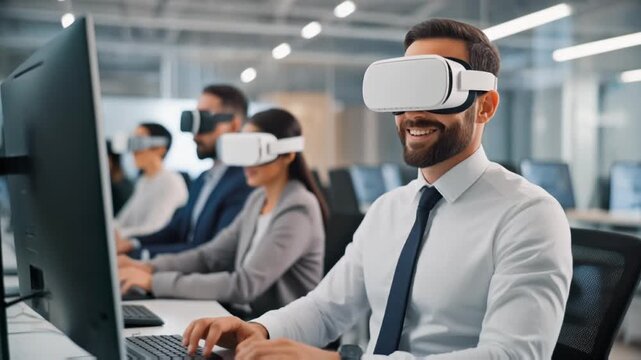 Smiling businessman wearing a VR headset while working on a computer in a modern office environment. - Powered by Adobe