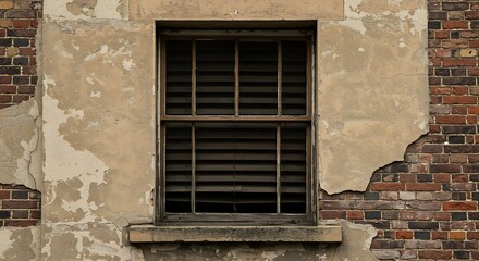 Old Weathered Building with a Dark Window and Peeling Paint.