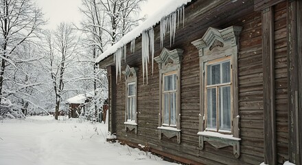 Old Wooden House in Winter Snow with Icicles Hanging from Roof.