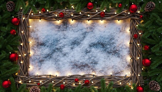 Festive Christmas Garland Frame with Lights and Snow for Holiday Greetings