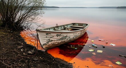 Old Rowboat Beached on a Polluted Shoreline with Orange Water.