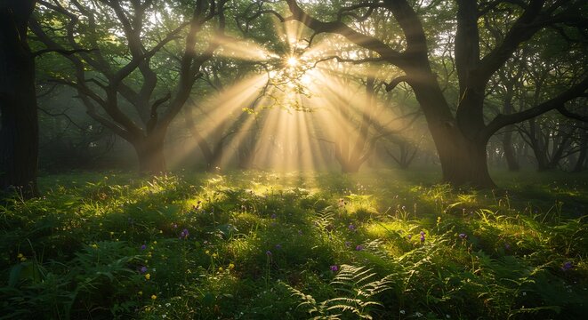 Sunbeams pierce through ancient forest canopy illuminating lush green ferns. - Powered by Adobe
