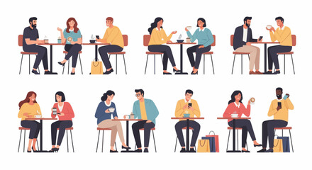Collection of diverse people sitting at cafe tables, enjoying drinks, food, and conversation in various social settings.