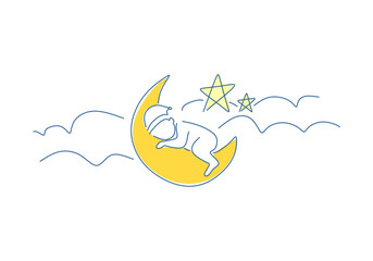 Minimalist line illustration of a cute baby sleeping on the moon.