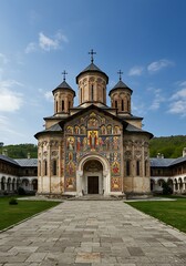 The historic painted Moldovita Monastery in Bucovina Romania.