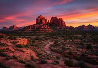 Sunset over red rock formations in desert landscape with vibrant colors.