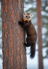 Pine Marten Climbing Tree in Winter Forest.
