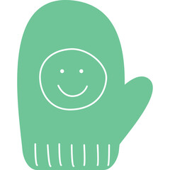 A green knitted mitten with a white outline of a smiling face and dots for eyes on a transparent background