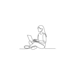 Line drawing of a young woman sitting and working on a laptop computer