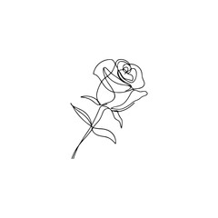 Elegant single line drawing of a rose with stem and leaves