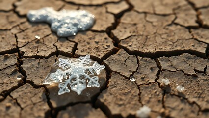 geophysics. Macro view of a single, delicate snowflake melting on dry, cracked earth, symbolizing climate fragility. ESG reports.