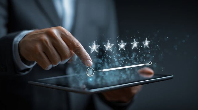 Businessman Using Tablet To Rate Five Stars On Virtual Interface Symbolizing Customer Feedback And Digital Satisfaction