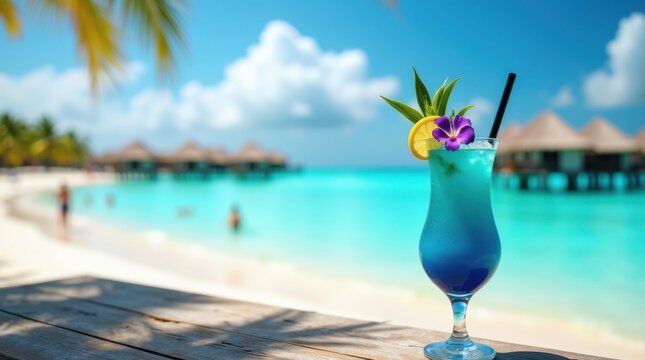 Blue cocktail on tropical beach, overwater bungalows, clear sky - Powered by Adobe