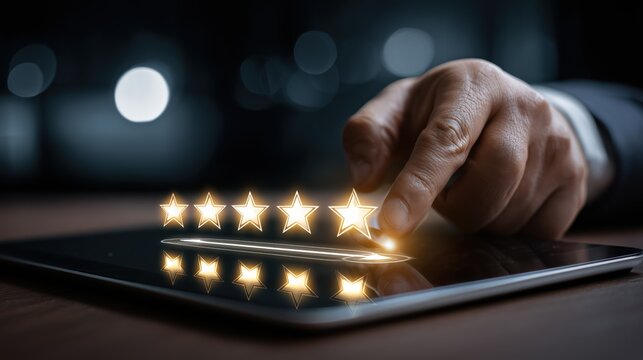 Businessman Hand Adjusting Slider Bar On Holographic Tablet Interface With Five Glowing Stars Symbolizing Customer Feedback - Powered by Adobe