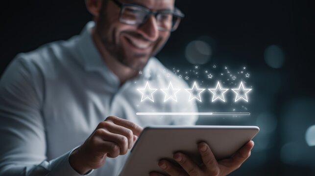 Smiling Businessman Giving Top Rating Via Tablet With Holographic Stars Floating Above Device Representing Quality Service Review