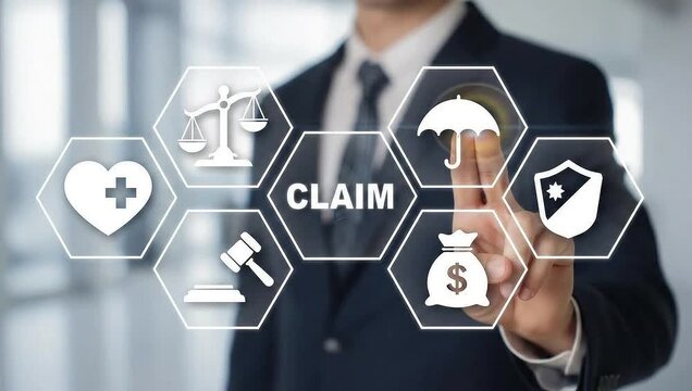 Business man working on virtual touch screen presses word CLAIMS. Claims Management Business Department Concept. Registration claim document.