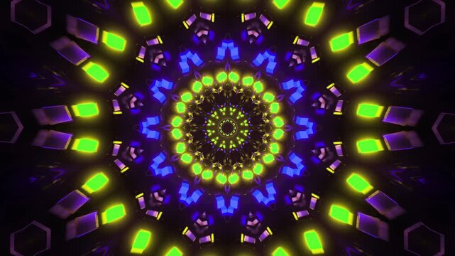 Mesmerizing kaleidoscope visuals with vibrant neon lights and dynamic movement, perfect for futuristic backgrounds and immersive visual experiences