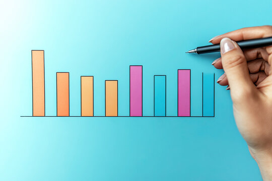 A hand holding a pen illustrates a colorful bar graph against a blue background, symbolizing data analysis and business insights. - Powered by Adobe