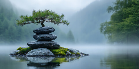 Zen garden serenity pine tree atop stone cairn in misty lake reflecting tranquility and stillness for meditation and contemplation in natures embrace