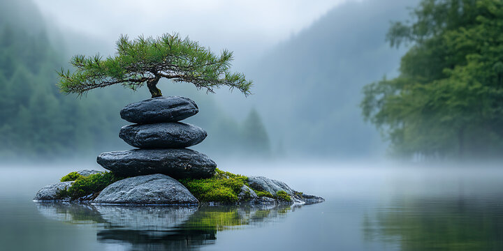 Zen garden serenity pine tree atop stone cairn in misty lake reflecting tranquility and stillness for meditation and contemplation in natures embrace - Powered by Adobe